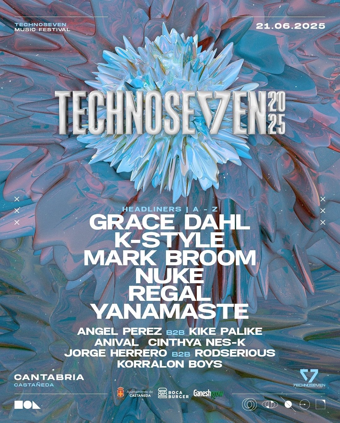 Techoseven 2025 el 21 de junio en Castañeda (Cantabria). Artistas confirmados: Grace Dahl, K-Style, Mark Broom, Nuke, Regal, Ya amaste, Ángel Pérez B2B Kike Palike, Anival, Cinthya Nes-k, Jorge Herrero B2B Rodserios, Korralon Boys