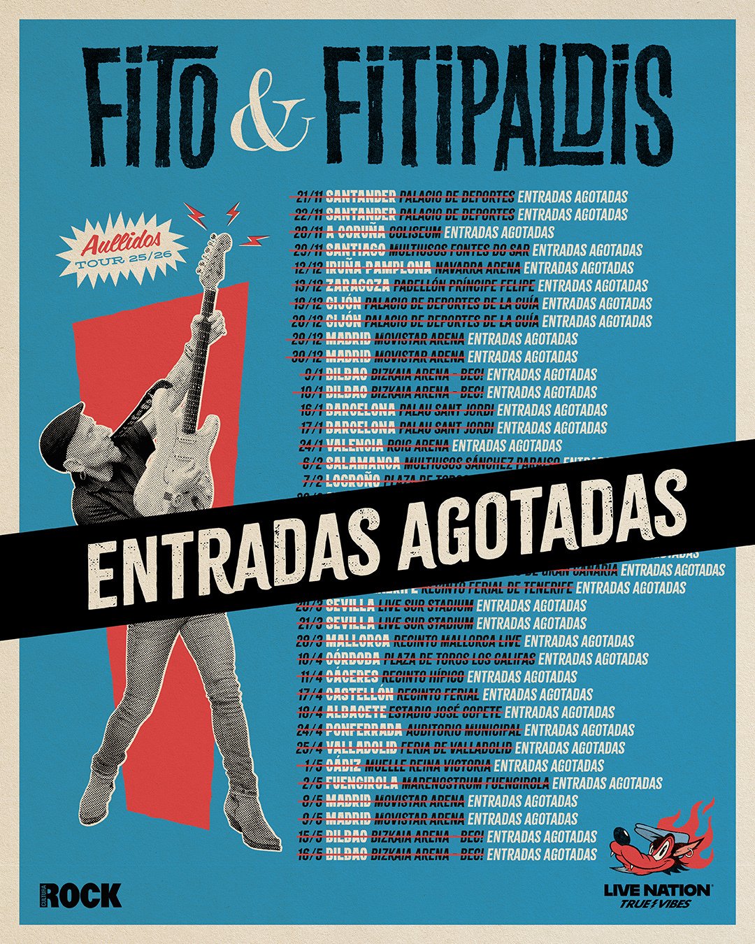 Fito & Fitipaldis agota entradas en el Aullidos Tour con 450.000 tickets vendidos. La gira de 38 conciertos recorre España hasta mayo de 2026 con el álbum