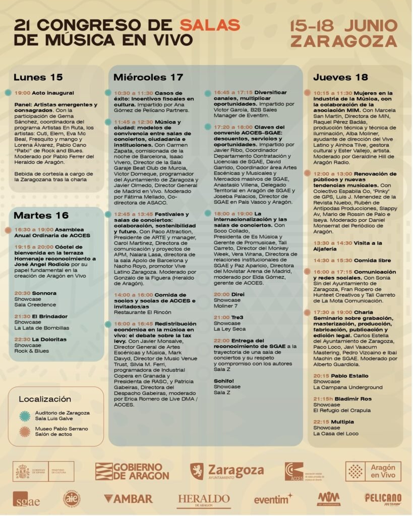 Zaragoza acoge el 21 Congreso de Salas de Música en Vivo con charlas, talleres, showcases y el encuentro del sector del directo.